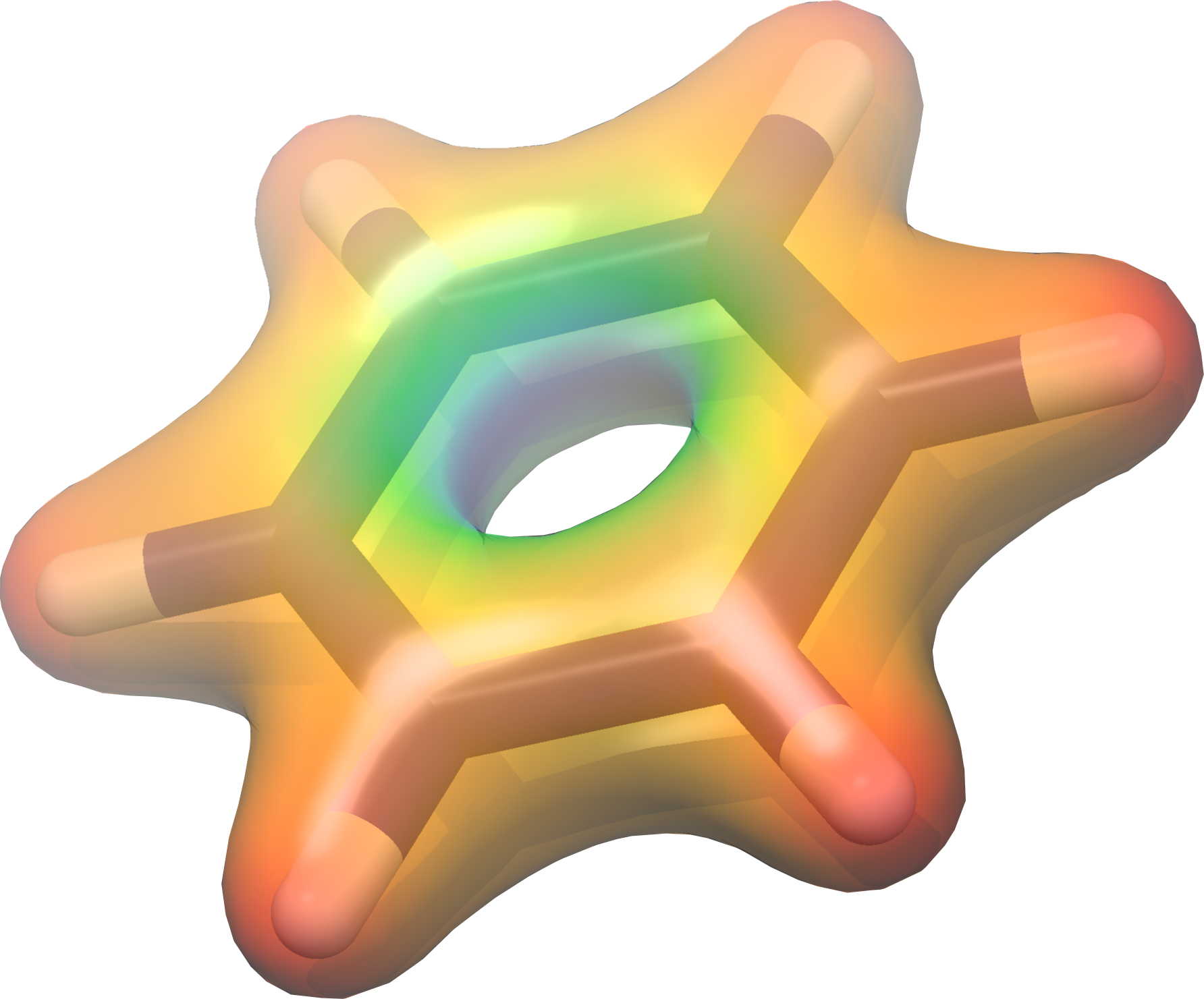 Ground-state density plotted with UCSF Chimera for the benzene molecule, colored according to the value of the electrostatic potential